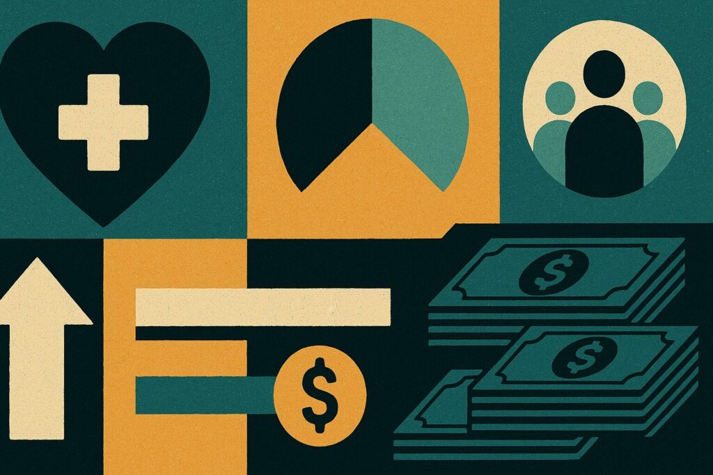 Image associated with the medicare premium surcharge (IRMAA) and Medicare, including related icons such as a medical heart, a pie chart, a dollar sign, and an upward arrow indicating an increase in premium.