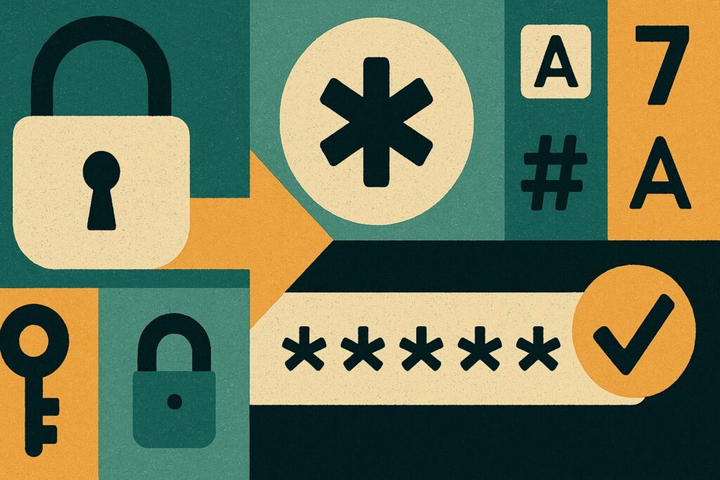 Image for a strong password generator with associated icons such as a lock, a series of asterisks to connote a hidden password.
