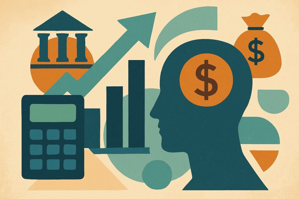 Image to connote the Raining Pennies capital gains tax calculator with symbols such as a calculator, a rising bar chart, a bank, and a dollar sign.