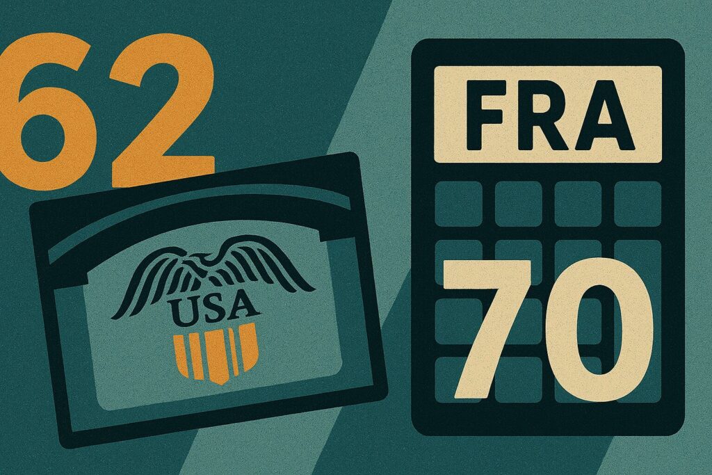 Image for the social security break-even calculator with associated images such as a mock social security card, a calendar, and text associated with retirement ages (62, FRA, and 70)