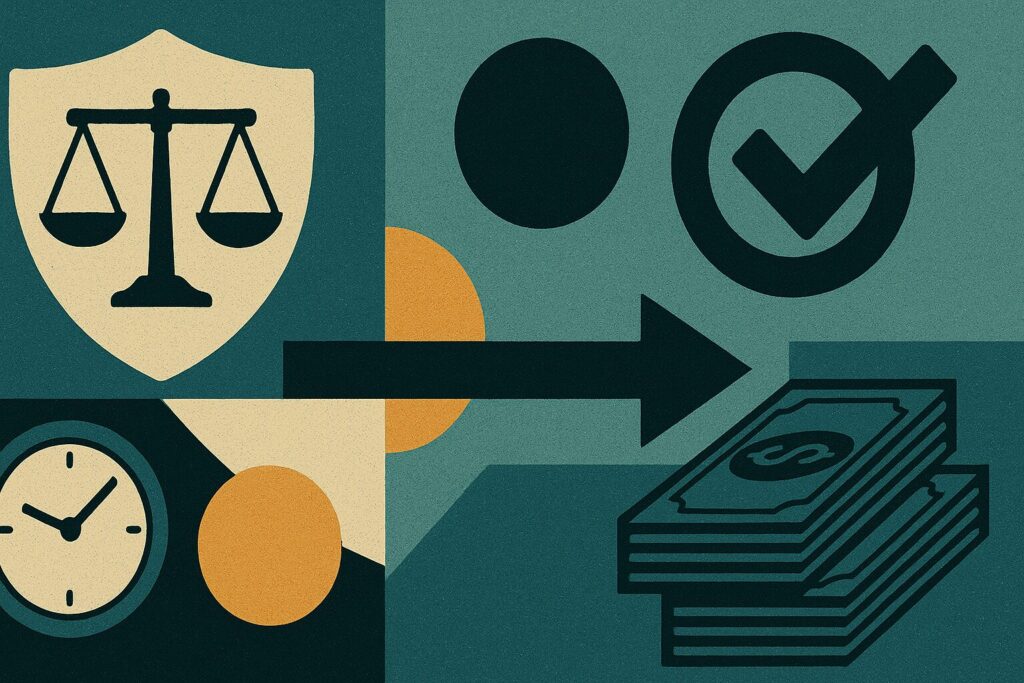 Image to support the post that explains how to use the social security break-even calculator with associated icons such as a scale, clock, and a stack of money.