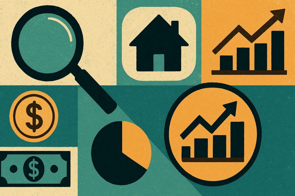 Image that reflects the truth about Zillow estimates, including icons such as a house, pie chart, and a bar chart connoting rising prices.
