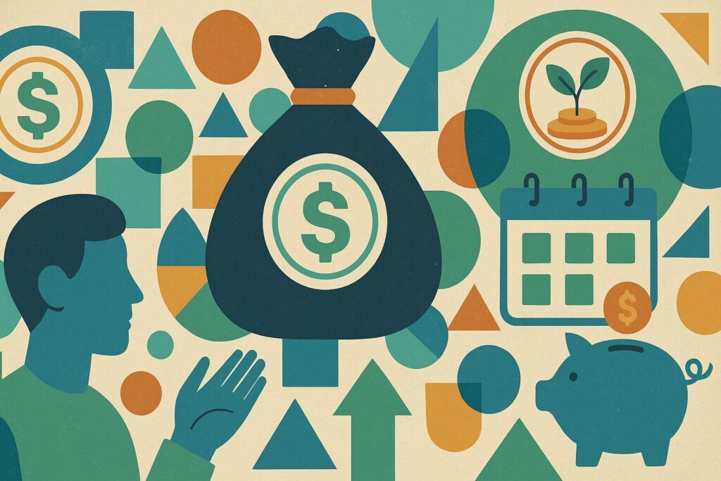 Image that contains subject matter icons associated with the No Buy Challenge, such as a calendar and a piggy bank. This image accompanies a blog from Raining Pennies at rainingpennies.com.