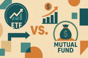 etf-vs-mutual-fund Image that reflects the subject matter of the article, ETFs vs Mutual Funds, with icons such as a money bag, a bar chart, a dollar sign, and various geometric patterns.