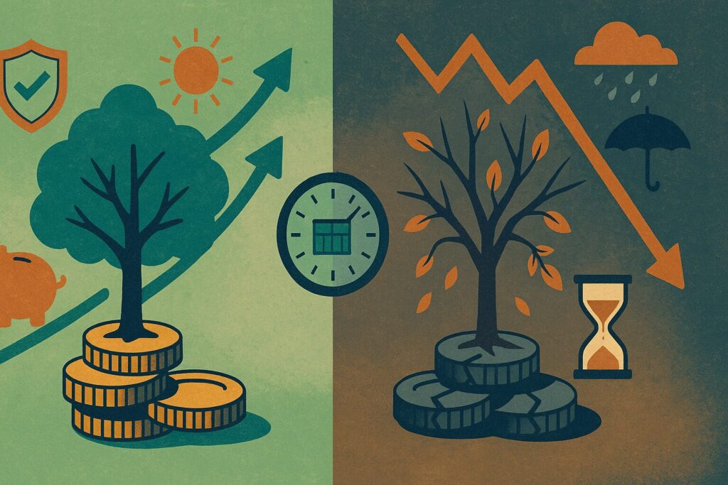 Image that accompanies a Raining Pennies post about the sequence of returns risk with the left half showing positive returns and the right half showing negative returns.