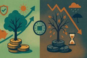 Image that accompanies a Raining Pennies post about the sequence of returns risk with the left half showing positive returns and the right half showing negative returns.