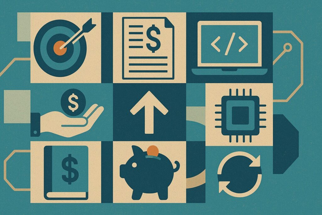 Image with financial icons, such as a piggy bank, bullseye target, dollar sign, and a ledger, along with a programming icon to connote engineering. All of this is to support the article titled, "11 Important Personal Financial Tips Every Engineer Must Know."