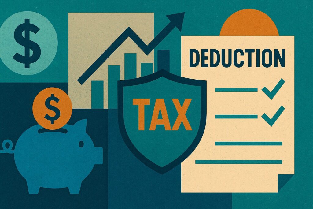 Image of piggy bank, "tax" inside of shield, and "deduction" on a piece of paper to connote the SALT deduction limit increase
