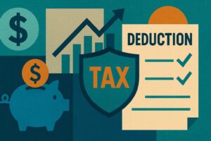 Image of piggy bank, "tax" inside of shield, and "deduction" on a  piece of paper to connote the SALT deduction limit increase