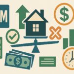 Illustration of adjustable-rate mortgages showing a house on a balance scale, calculator, money, dollar sign, clock, bar chart, and checkmark and cross icons; visual guide on how to decide if an ARM is right for you.