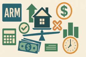 arm-mortgage Illustration of adjustable-rate mortgages showing a house on a balance scale, calculator, money, dollar sign, clock, bar chart, and checkmark and cross icons; visual guide on how to decide if an ARM is right for you.