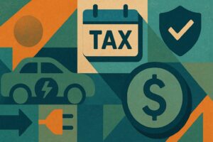 Image of icons that connote the subject of the blog, electric vehicles tax breaks, such as a car, a dollar sign, an electrical plug, and the word TAX on a calendar.