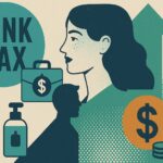 Illustration of artifacts (such as a profile of a women's face, a dollar sign, a silhouette of a man, and a liquid product) that connote the subject of the blog, the pink tax on women.