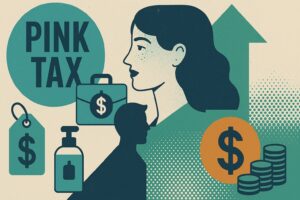 Illustration of artifacts (such as a profile of a women's face, a dollar sign, a silhouette of a man, and a liquid product) that connote the subject of the blog, the pink tax on women. 