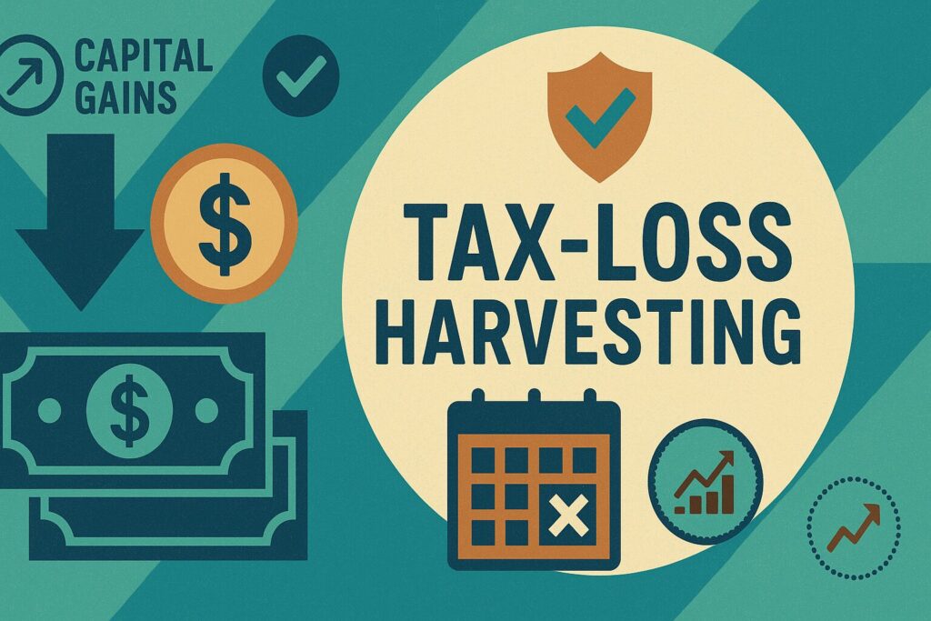 A vintage-style financial illustration to highlight the plan for tax-loss harvesting. Features geometric shapes in blue and green, dollar bills, a coin, a downward arrow, a calendar icon, and a growth chart symbol.