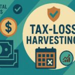 A vintage-style financial illustration to highlight the plan for tax-loss harvesting. Features geometric shapes in blue and green, dollar bills, a coin, a downward arrow, a calendar icon, and a growth chart symbol.