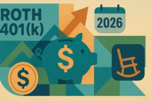 Stylized vintage poster illustration for the 2026 Roth 401(k) Catch-Up Shift, featuring a teal piggy bank with a dollar sign, a 2026 calendar icon, orange upward arrow, gold coins, and a rocking chair symbolizing retirement. The design uses hand-drawn textures, geometric shapes, and a limited palette of blue, green, orange, and brown to convey modern financial planning themes.