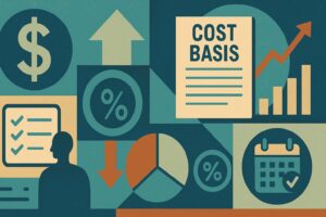 cost-basis-method Alt-text: Stylized vintage-style financial illustration featuring the **right cost basis method** theme. The artwork uses a limited palette of blue, green, orange, and brown with hand-drawn textures and geometric shapes. It includes icons such as a dollar sign, cost basis document, bar chart with upward arrow, pie chart, checklist, calendar, and percentage symbols, representing ETFs, taxes, and investment reporting.
