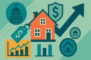 Stylized vintage poster illustration featuring a coral-colored house surrounded by geometric financial icons including a dollar shield, rising arrow, price tag, bar charts, and a Capitol dome, all in blue, teal, green, and orange tones with hand-drawn textures.