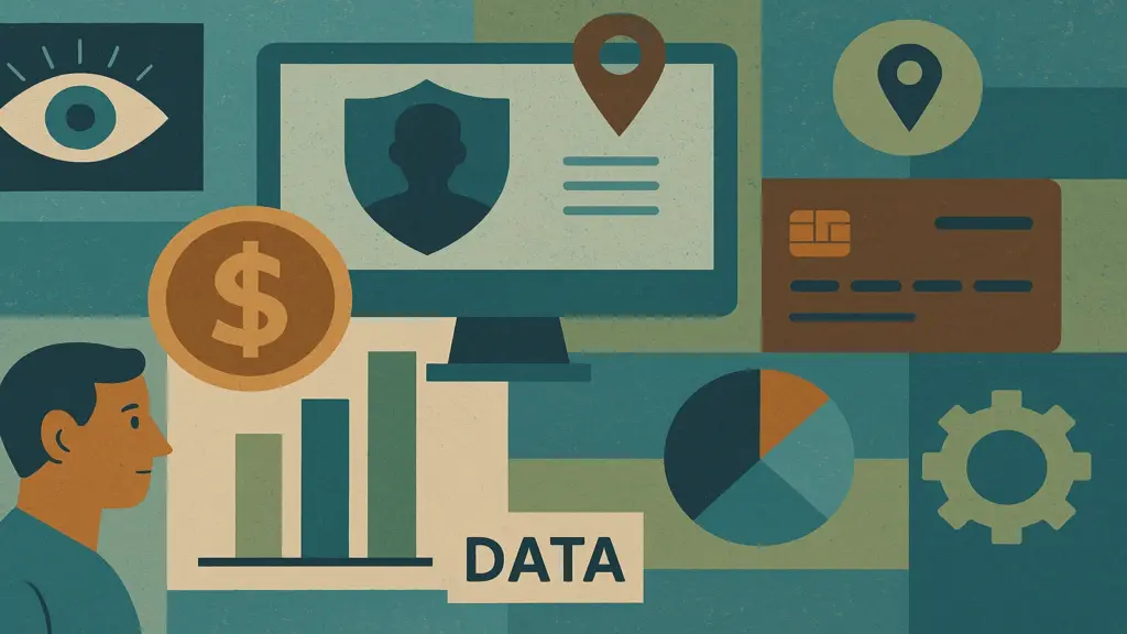A textured teal-and-ochre illustration shows a person, an eye icon, a monitor with a profile silhouette, shield, location pin, payment card, dollar coin, bar chart labeled “DATA,” pie chart, and gear, evoking personal data pricing.