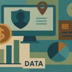 A textured teal-and-ochre illustration shows a person, an eye icon, a monitor with a profile silhouette, shield, location pin, payment card, dollar coin, bar chart labeled “DATA,” pie chart, and gear, evoking personal data pricing.