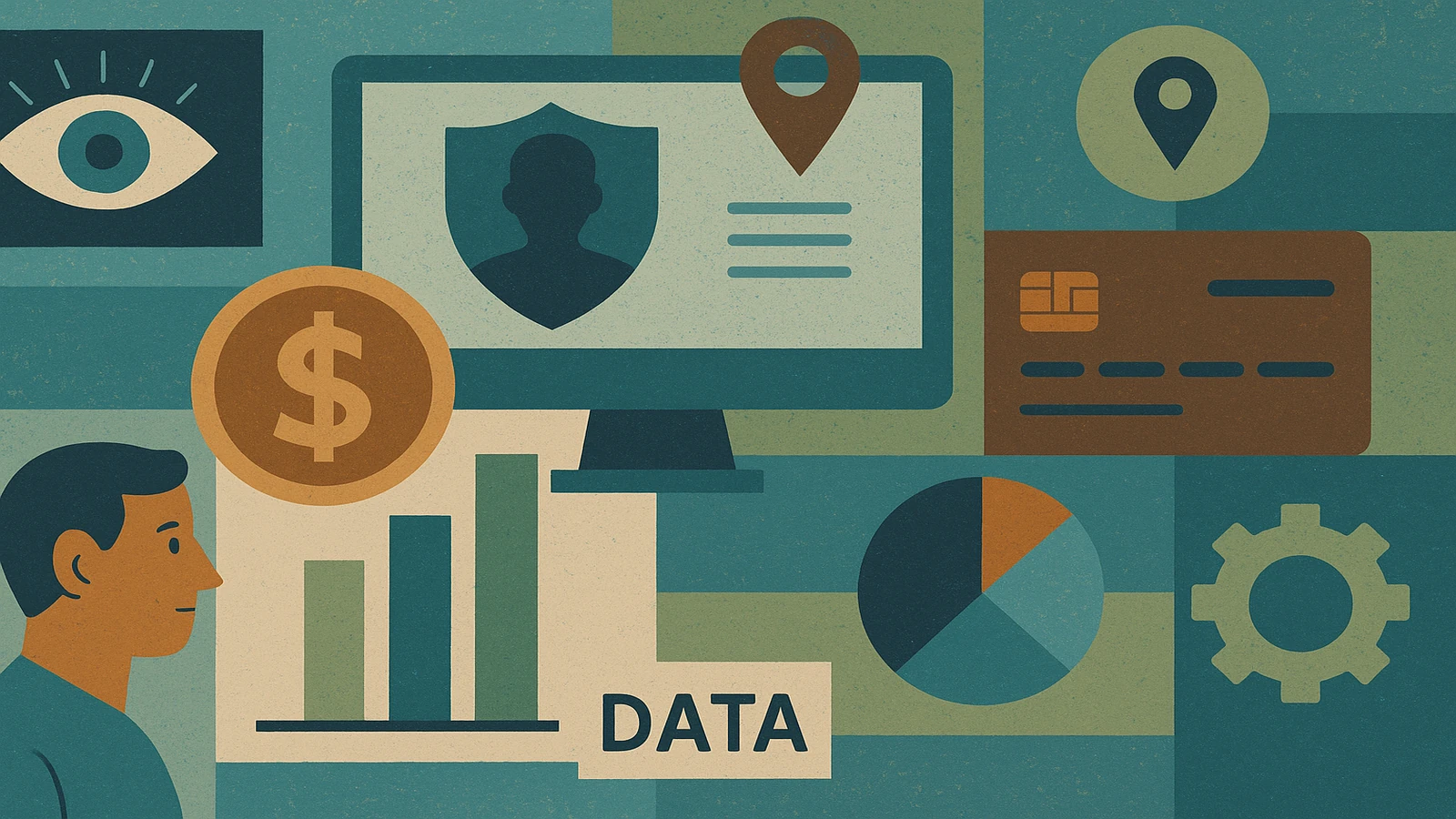 companies-charge-more-personal-data-20260822-161301-featured A textured teal-and-ochre illustration shows a person, an eye icon, a monitor with a profile silhouette, shield, location pin, payment card, dollar coin, bar chart labeled “DATA,” pie chart, and gear, evoking personal data pricing.